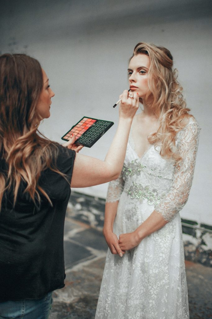 Photo by Jess Petrie Photography. Hair by Hair Laundry. Make-up by Tina Brocklebank. Dress by Claire Pettibone. Styling - Nina Marika. Tiara - Amy Swann. Flowers - Swallows and Damsons.